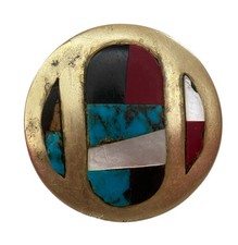 Vintage Solid Brass Multi Gemstone Inlay Belt Buckle AS IS 