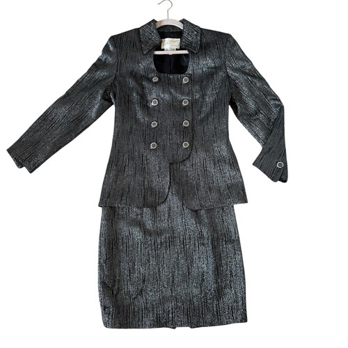Rickie Freeman For TJ Nites Black/Silver Metallic Skirt Blazer Suit Set Size 14 - Picture 1 of 14