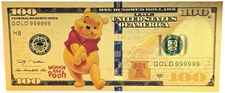 Winnie The Pooh Disney Color $100 Novelty 24K Gold Foil Plated Note Bill - XX054