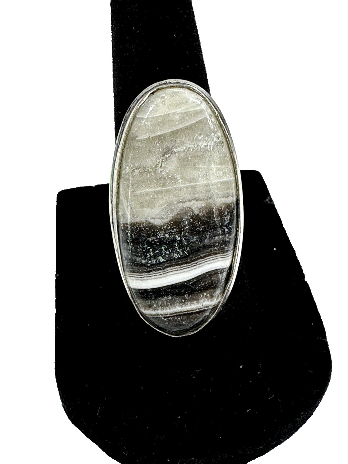 Zebra Calcite Statement Ring .925 Setting Black &… - image 1