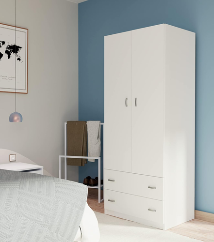 | Armadio Camera Da Letto Guardaroba 2 Ante 2 Cassetti, Bianco, 180X74X50 Cm (Al - Foto 2 di 12