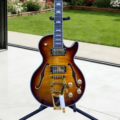 Semi Hollow Electric Guitar Brown 6 Strings Double Tremolo Bridge Gold Hardware