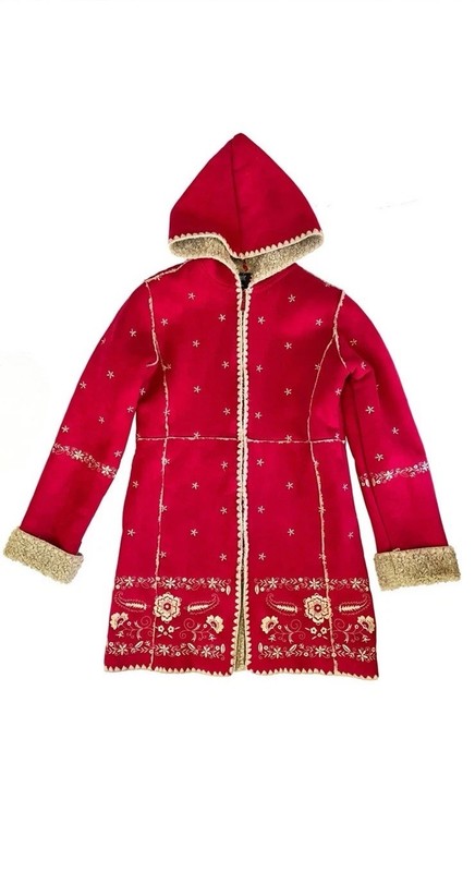 Gap Kids Coat Girls 10 Sherpa Lined Red Embroidered Bohemian Boho Floral Hooded