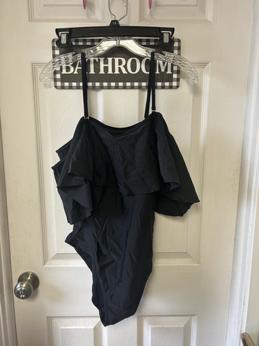 NWT Women’s One Piece Black Bathing Suit, Ruffle, Off Shoulder, Sz XL