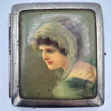 Antiguo estuche compacto eduardiano de 1900 alemán tono plata retrato caja de cigarrillos