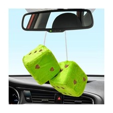 2 PCS Fuzzy Plush Dice for Car Rearview Mirror, 3'' Retro Square Heart Green