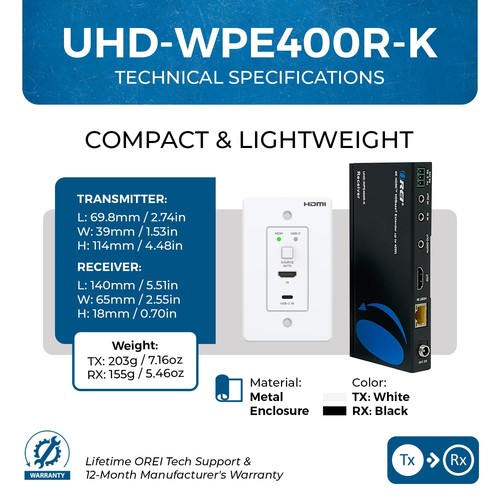 4K Wall Plate HDBaseT HDMI/USB-C Extender, 400 ft Over Single Cat6/Cat7 Cable... - Picture 5 of 9
