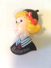 VINTAGE PLASTIC BROWNIE SCOUTS PIN, GIRL W. STRIPED COLLAR, SAFETY PIN CLOSURE — photo 1