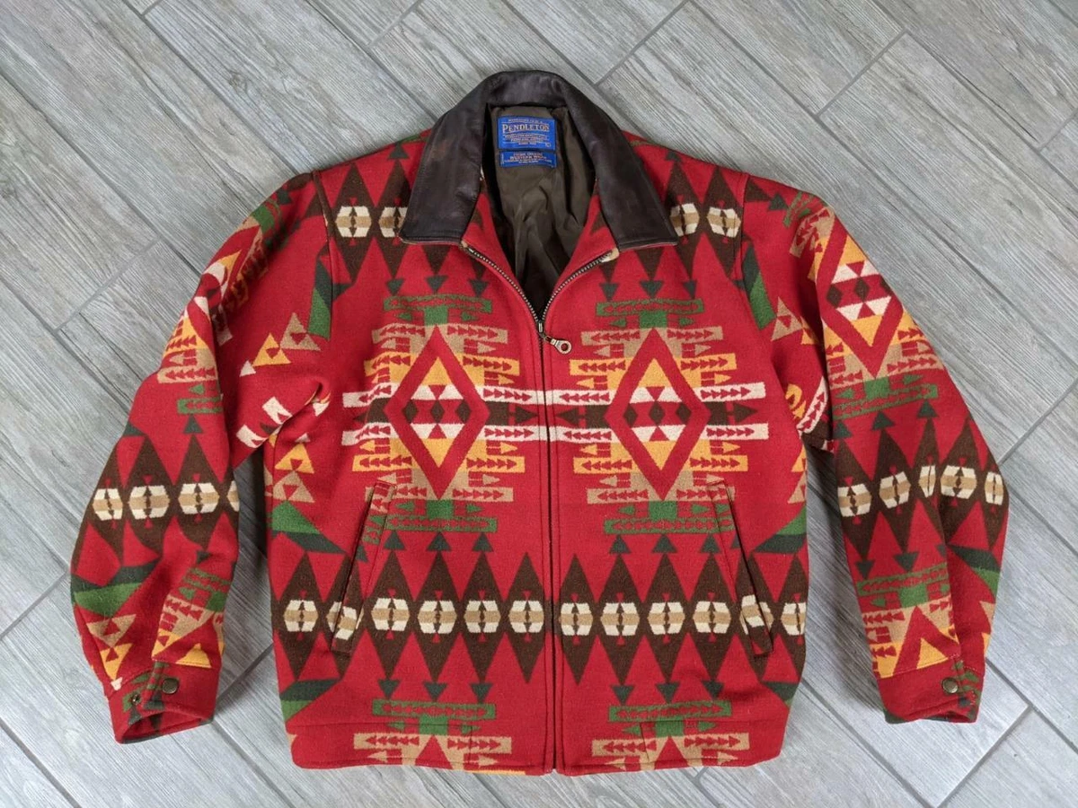vintage PENDLETON wool INDIAN PRINT red jacket LARGE navajo aztec BOMBER western