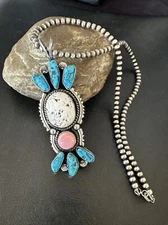 Blue Kingman Turquoise White Navajo Sterling Silver Cluster Pendant 4" 19325