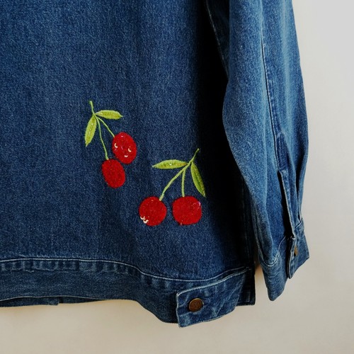 Quacker Factory Cherry Denim Jacket MEDIUM Bust 44" Cotton Sequins Bling Whimsy - Picture 8 of 10