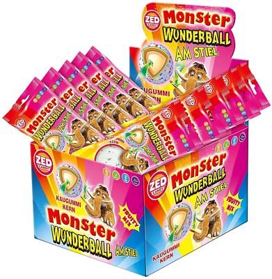 Monster Wunderball Fruity Mix - Frucht Lutscher mit Kaugummi Kern - 16 Stück