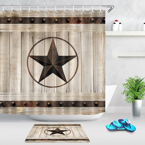 Western Star Texas Shower Curtain Set & Hooks Rustic Wood Barn Bathroom Decor - Picture 1 of 15