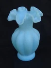 Vintage FENTON Blue Satin Glass Vase Melon Ruffled Top ca. 5.5" Custard