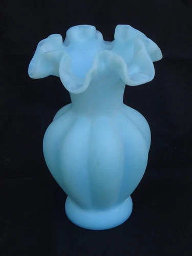 Vintage FENTON Blue Satin Glass Vase Melon Ruffled Top ca. 5.5" Custard