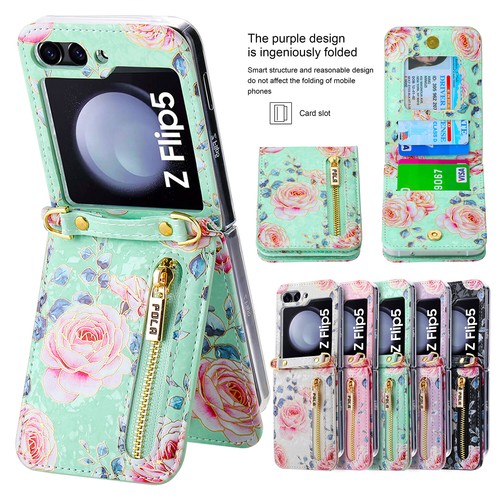 For Samsung Galaxy Z Flip 6/5/4/3 Floral Stand Leather Wallet Case Strap Cover