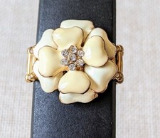 Double Flower Rhinestone Ring Stretch Elastic Band One Size Fits Most Gold Tone