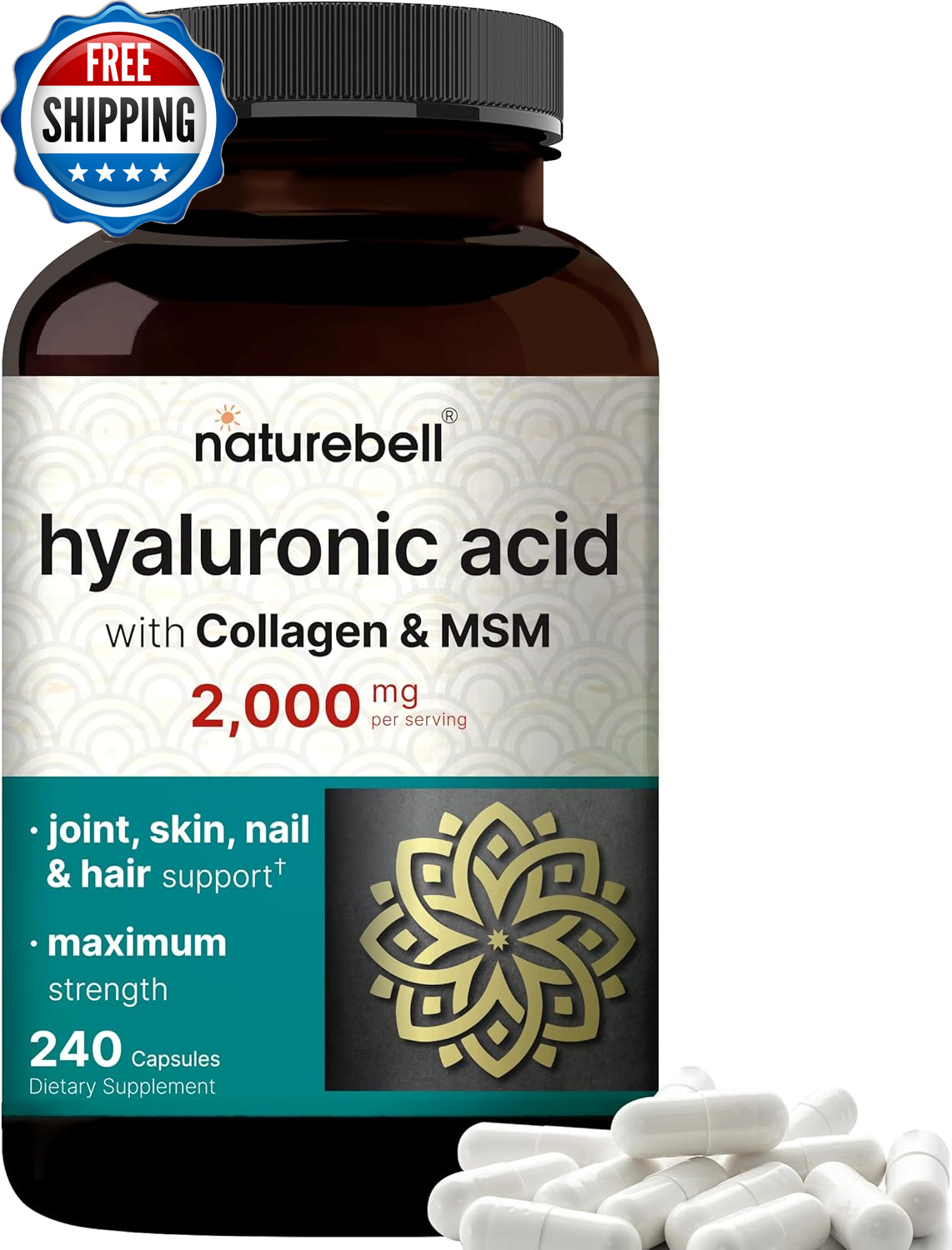 Hyaluronic Acid Supplements 2,000 Mg | 240 Capsules, with MSM & Hydrolyzed Bovin