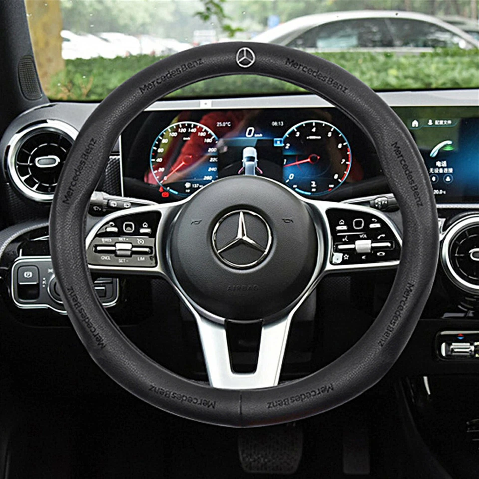 Black 38cm/15inch Pinhole Steering Wheel Cover For Mercedes-Benz Genuine Leather Foto 4 de 4