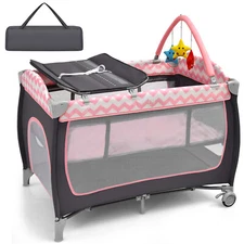 Babyjoy 3 in 1 Baby Playard Portable Infant Nursery Center w/ Zippered Door Pink