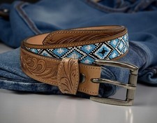 Beaded Western Belt Cowboy Rodeo Full Grain Leather Hand Tooled Removable Buckle