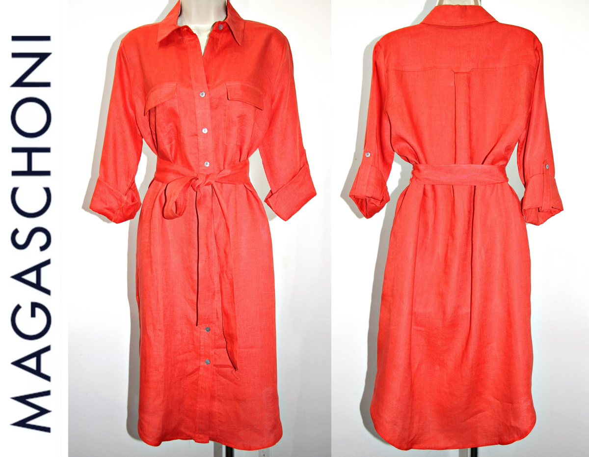 Magaschoni Linen Roll Sleeve Pockets Belted 42\