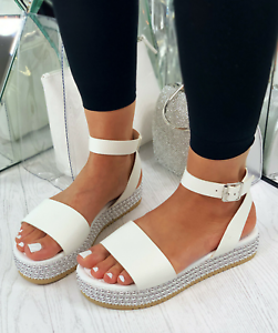 New Womens Platform Sandals Espadrille Ankle Tie Up Comfy Summer Shoes Sizes 3-8