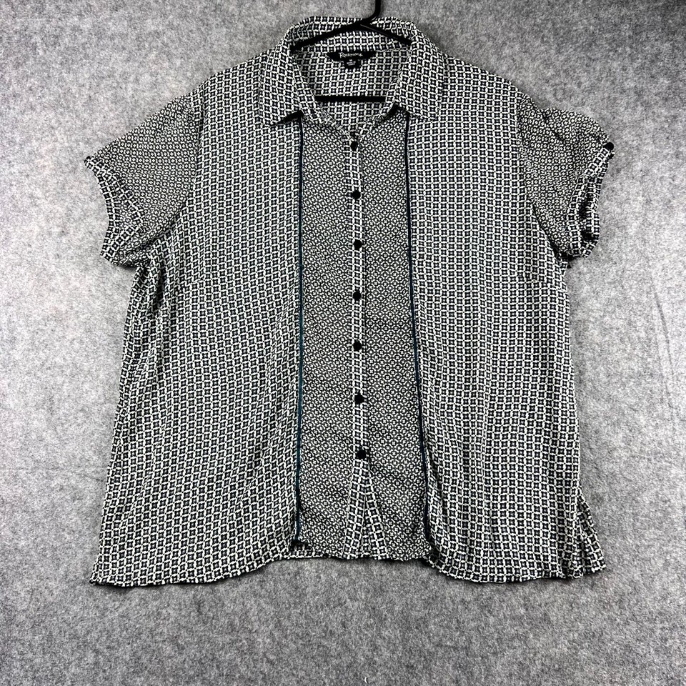 Rockmans Womens Button Up Shirt Short Sleeve 18 Black Geometric Print Casual