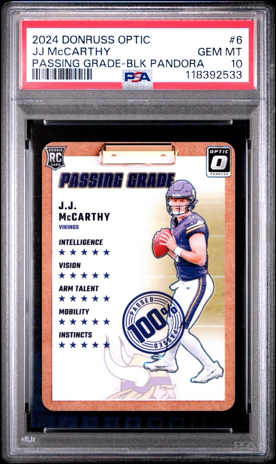 2024 Donruss Optic JJ McCarthy Passing Grade Rookie Black Pandora 25/25 PSA 10