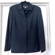 Halston Vintage Navy Blue 100 Wool Hidden Button Blazer Jacket Womens 12 Office
