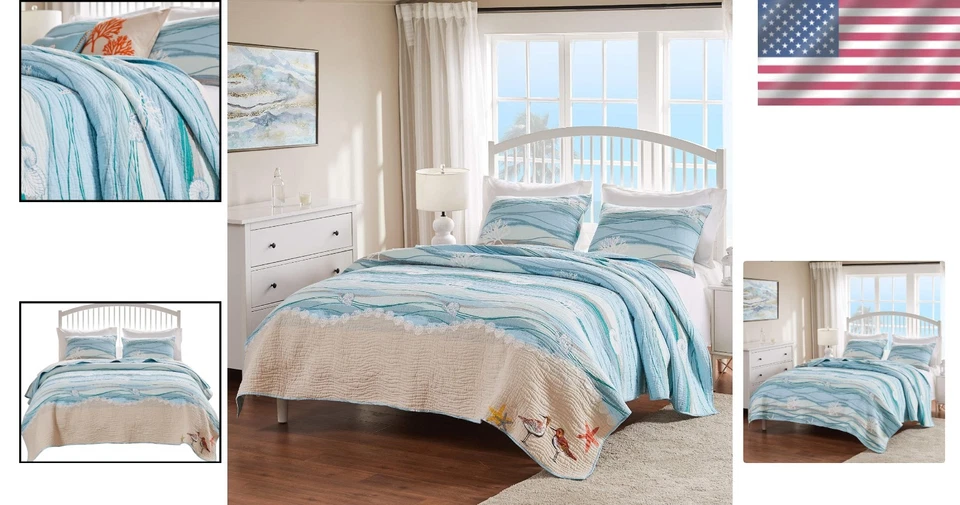 Coastal Quilt Set with Embroidered Sea Shells - Full/Queen - Image 2 of 4