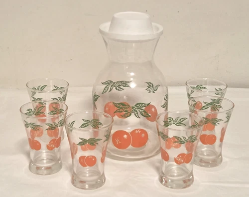 Vintage Anchor Hocking Orange Juice Carafe Pitcher with Set of 6 Glasses