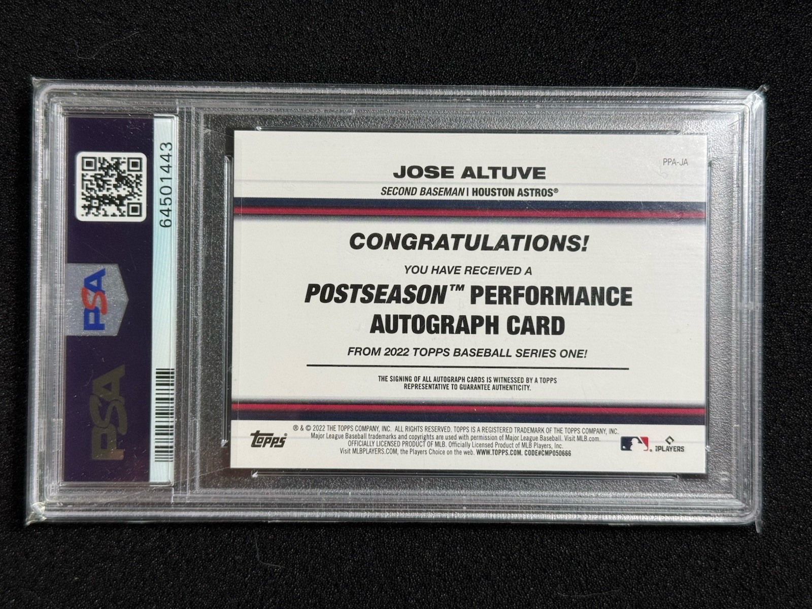 2022 TOPPS Series One 1/1 Jose Altuve Postseason Performance Platinum Auto PSA 8 view 2