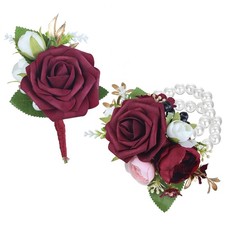 Burgundy Rose Corsage Wristlet Groom Flower Boutonniere Set Prom Homecoming