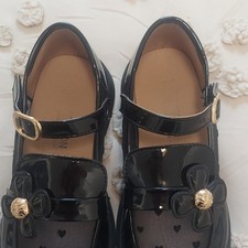Girls Black Patent Leather Heart Buckle Mary Jane Flats Size EU 30