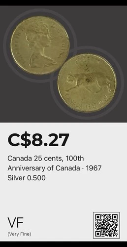 Canada 1867 - 1967 Centennial Silver 25 Cent Canadian Quarter 25c Bobcat Coin.