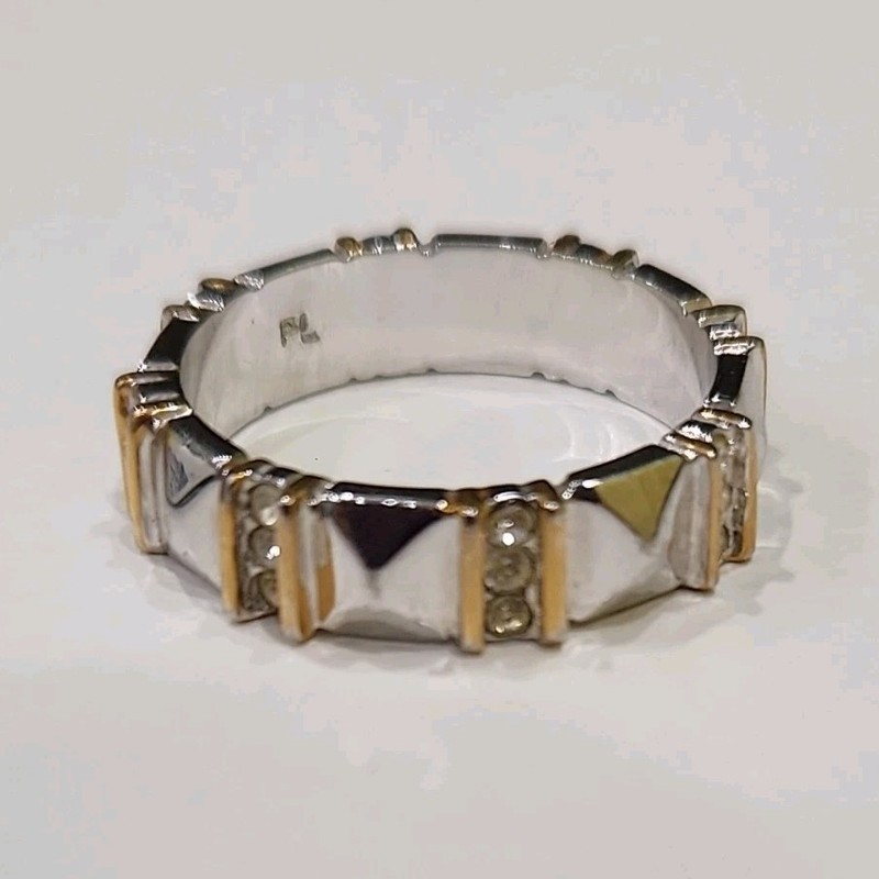 Two-Tone Silver & Gold Tone Crystal Band Ring Size 7, 8mm, 24 Stones