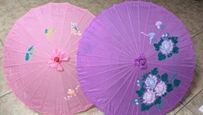 2 Vintage Oriental Asian Silk Bamboo Parasol Umbrella  Pink And Purple 