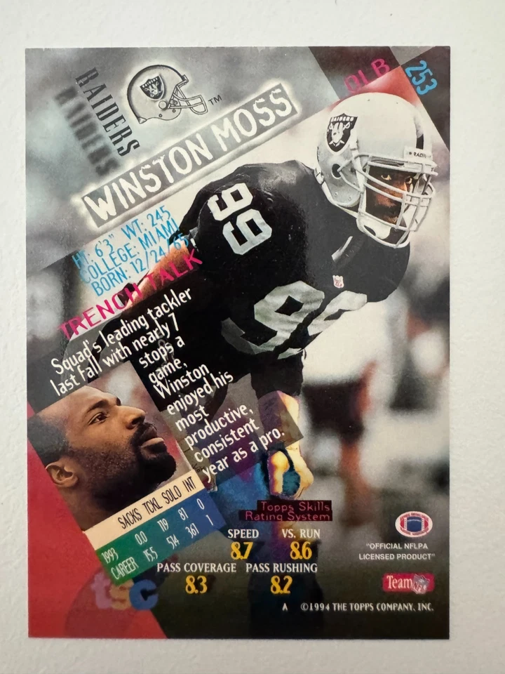 1994 Topps Stadium Club - Winston Moss - Raiders - 1st Day Issue - Card 253 - Image 2 of 2