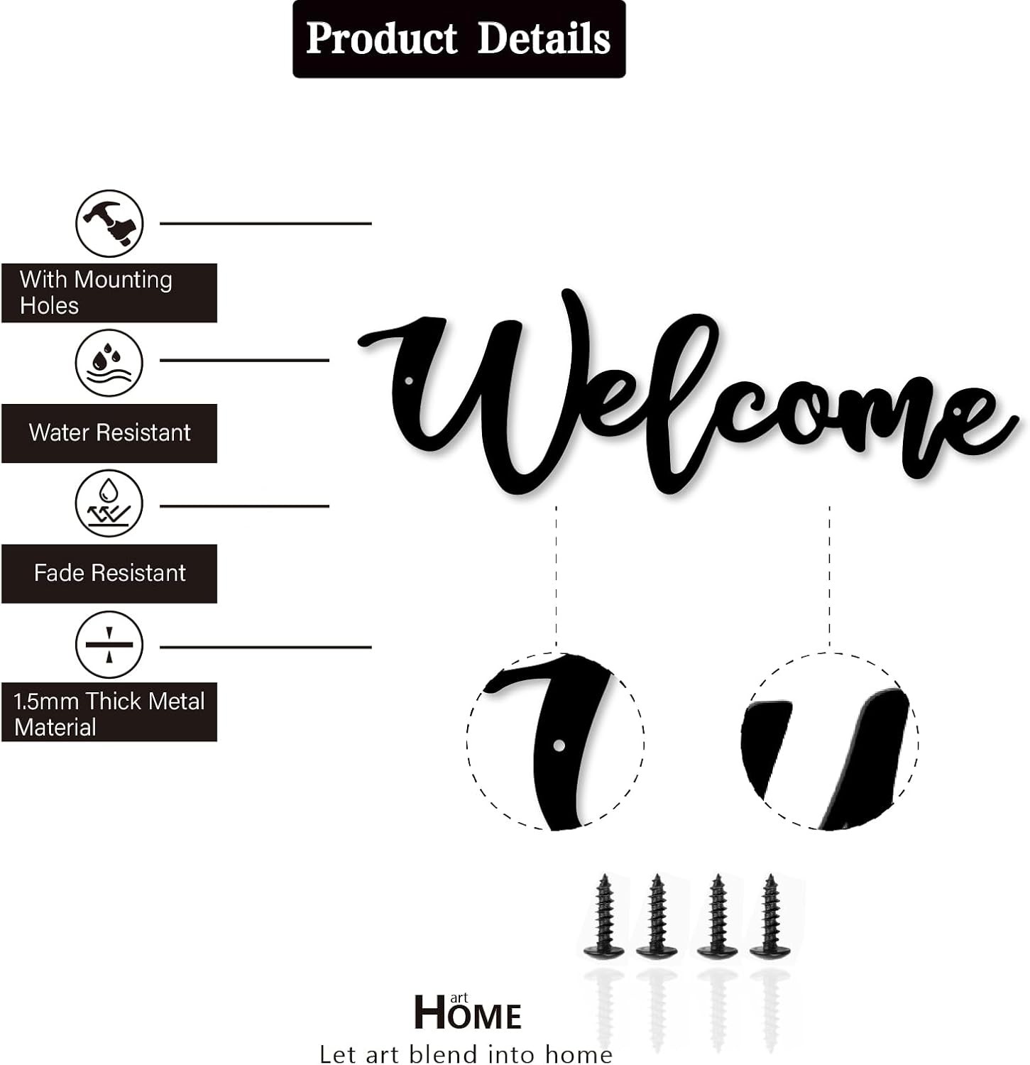 Welcome Metal Sign, Wall Decor, Home & Office, 12 x 9.5 16 inches, Black 