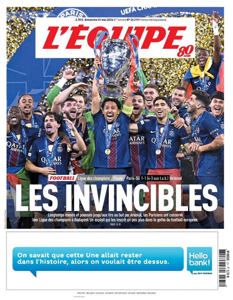 Journal L'Équipe 31 mai 2026 PSG Les Invincibles Champions League Victoire Ligue - Photo 1/1