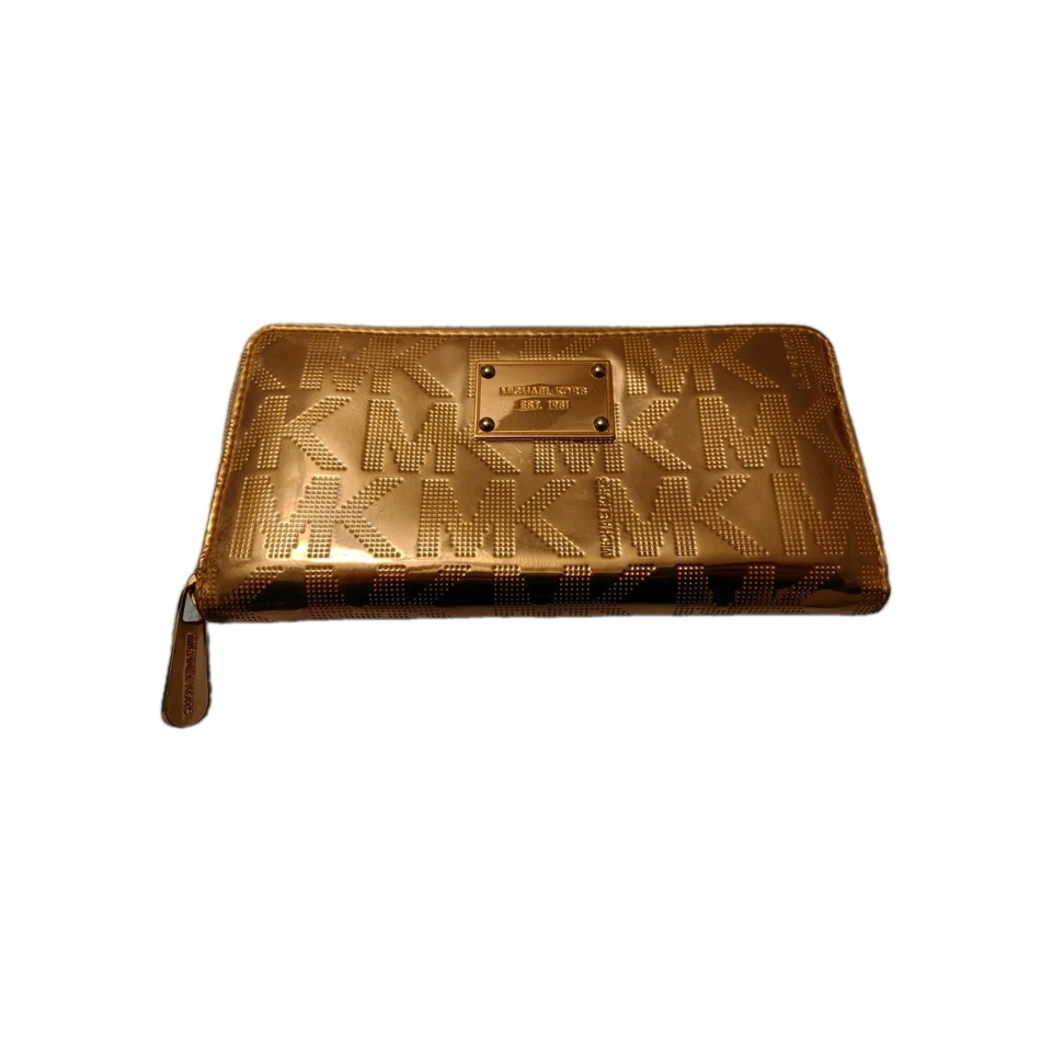 Cartera Jet Set MICHAEL KORS Metálica Dorada Continental Cremallera Alrededor Placa Logo MK Foto 2 de 4