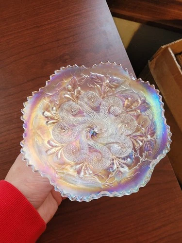 White Dugan Carnival Glass Question Marks Stemmed Plate W Georgia Belle Ex