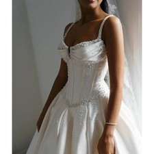 Elegant Satin Wedding Dress Beach Pearls Spaghetti Straps Ruffle V Bridal Gown
