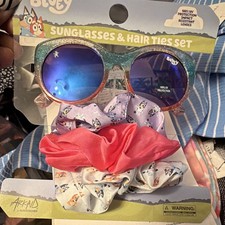 Bluey Girls Round Sunglasses Mirrored Blue Lens Glitter Frame Hair Ties 100 UV