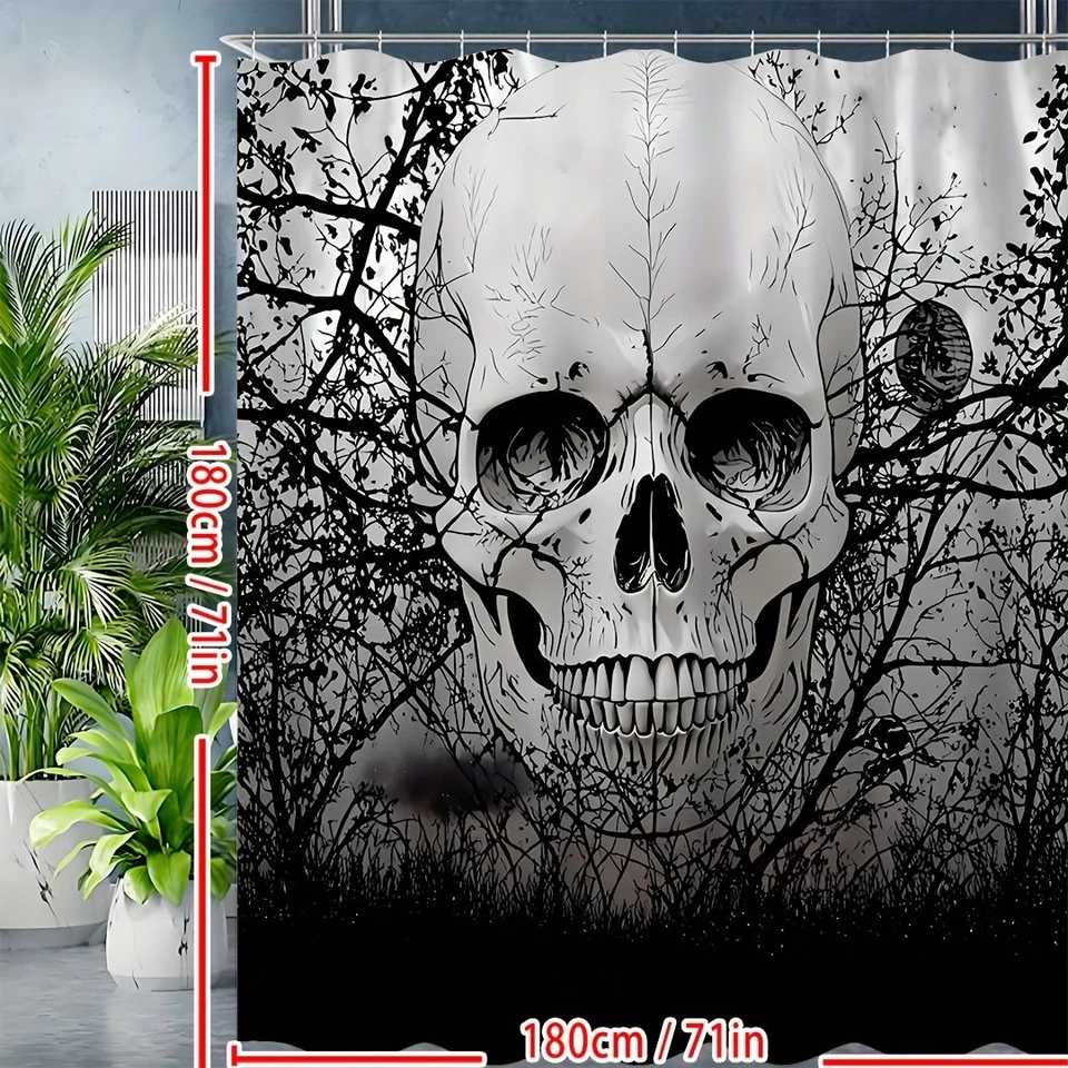 Calavera Cortina de Ducha Espeluznante Cortinas de Ducha Negro Árbol de Miedo Esqueleto Gótico Foto 4 de 4