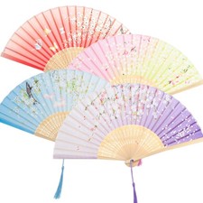 4 Pcs Handheld Folding Fan Small Chinese Silk with Tassel Floral Manual Fan H...