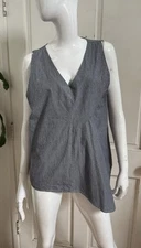 TULIP Brand NEW! Charcoal/White Striped Sleeveless Lagenlook Cotton Blouse Sz M
