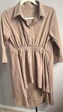 Beige Shirt Dress Button Front Collared 3/4 Sleeve Knee Length Elastic M