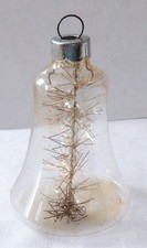 VTG CHRISTMAS TREE ORNAMENT UNSILVERED TINSEL CLEAR GLASS BELL MADE IN USA